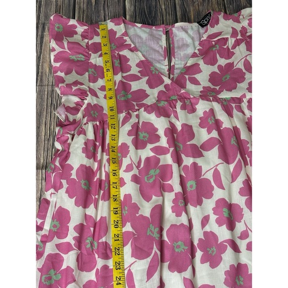 Spin USA Womens Mini Dress XL White w/ Pink Floral Print V-Neck Linen - Picture 5 of 15